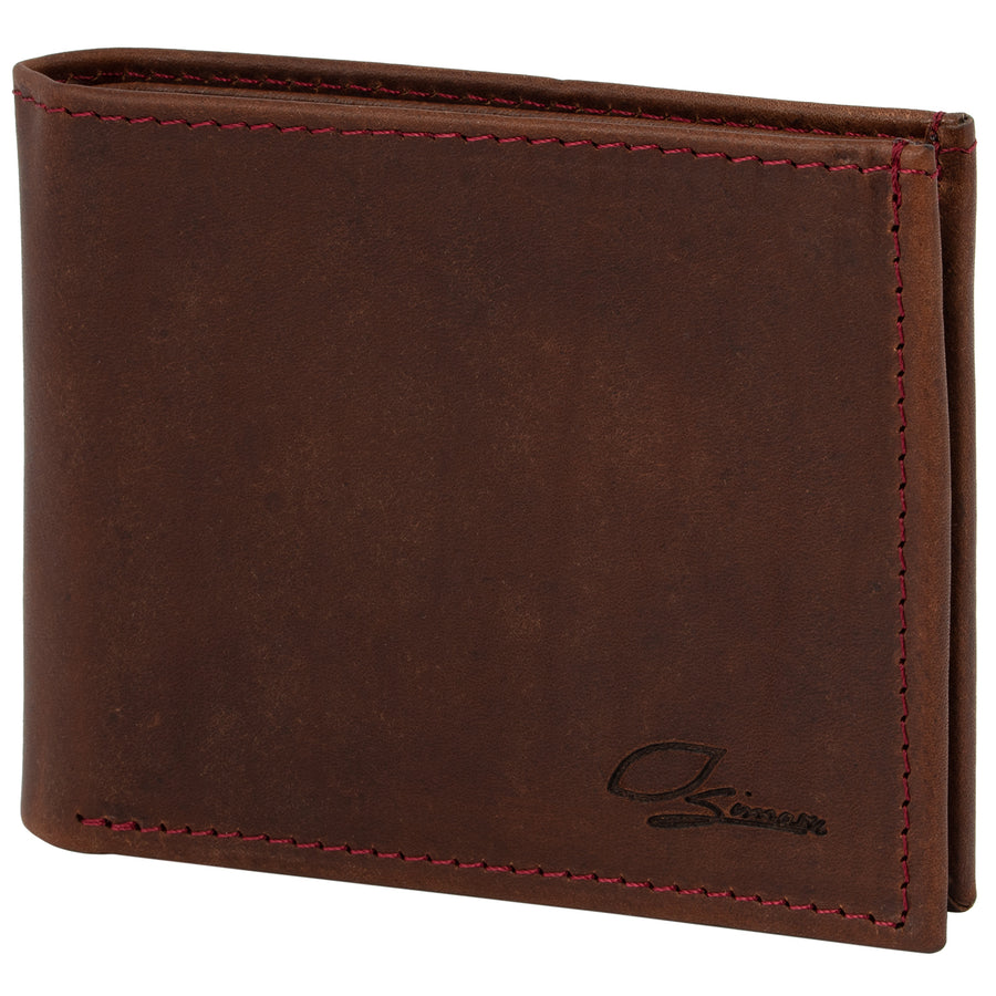 Geschlossener, brauner Ledergeldbeutel im Querformat mit Simaru Prägung #color_braun