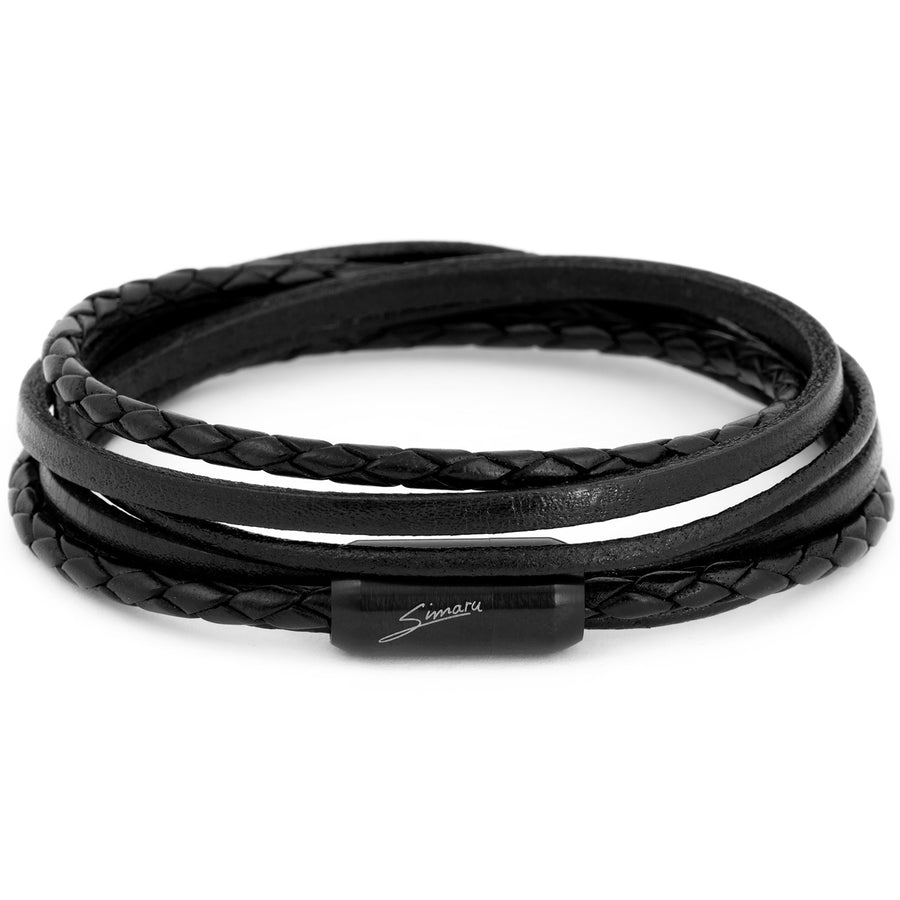 Schwarzes Lederarmband glatt und geflochten mit schwarzem Magnetverschluss geschlossen