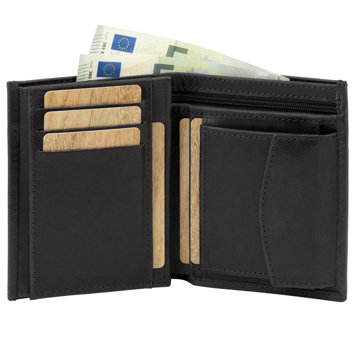 Schwarzer Ledergeldbeutel hochkant stehend mit Münzfach, Kartenfächern und Scheinfach  #color_schwarz
