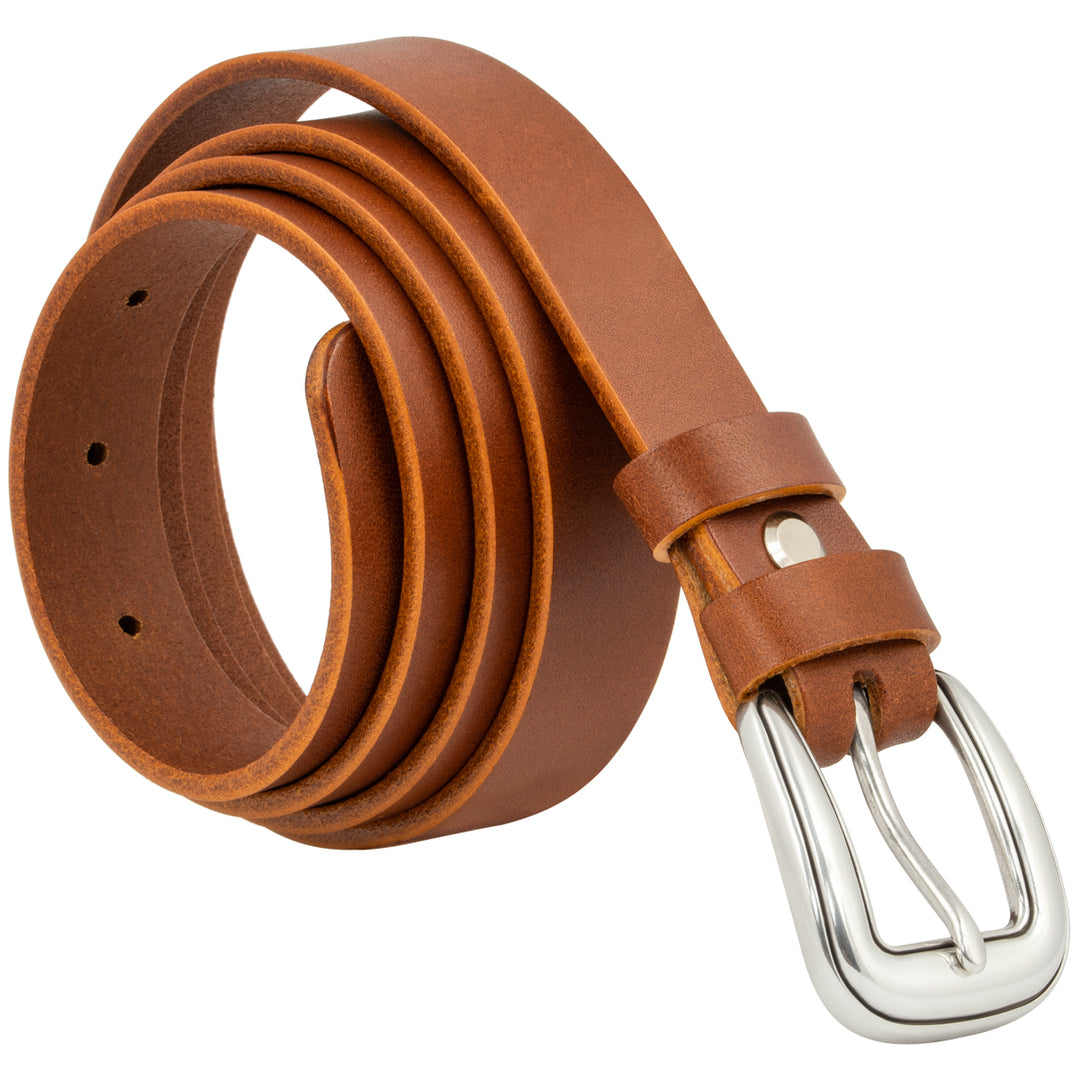 Aufgerollter, hellbrauner Ledergürtel mit silberner Schnalle #color_hellbraun