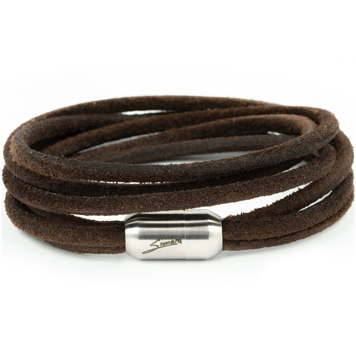 Dunkelbraunes Wickelarmband aus echtem Leder mit Magnetverschluss in silber