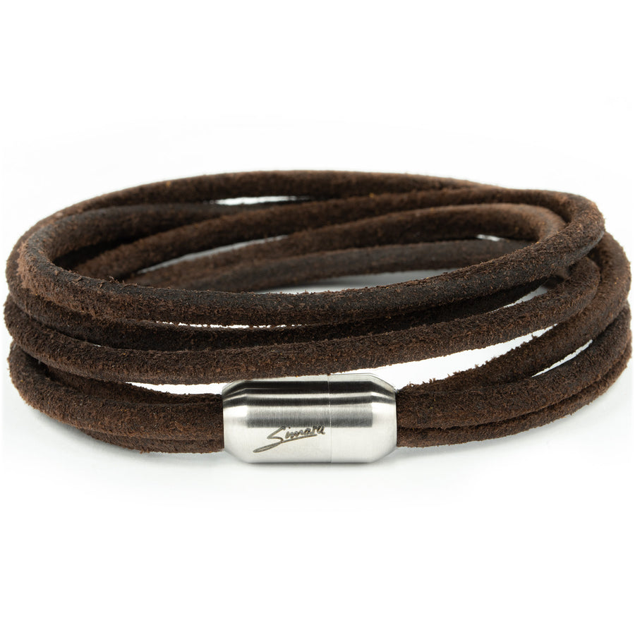 Dunkelbraunes Wickelarmband aus echtem Leder mit Magnetverschluss in silber