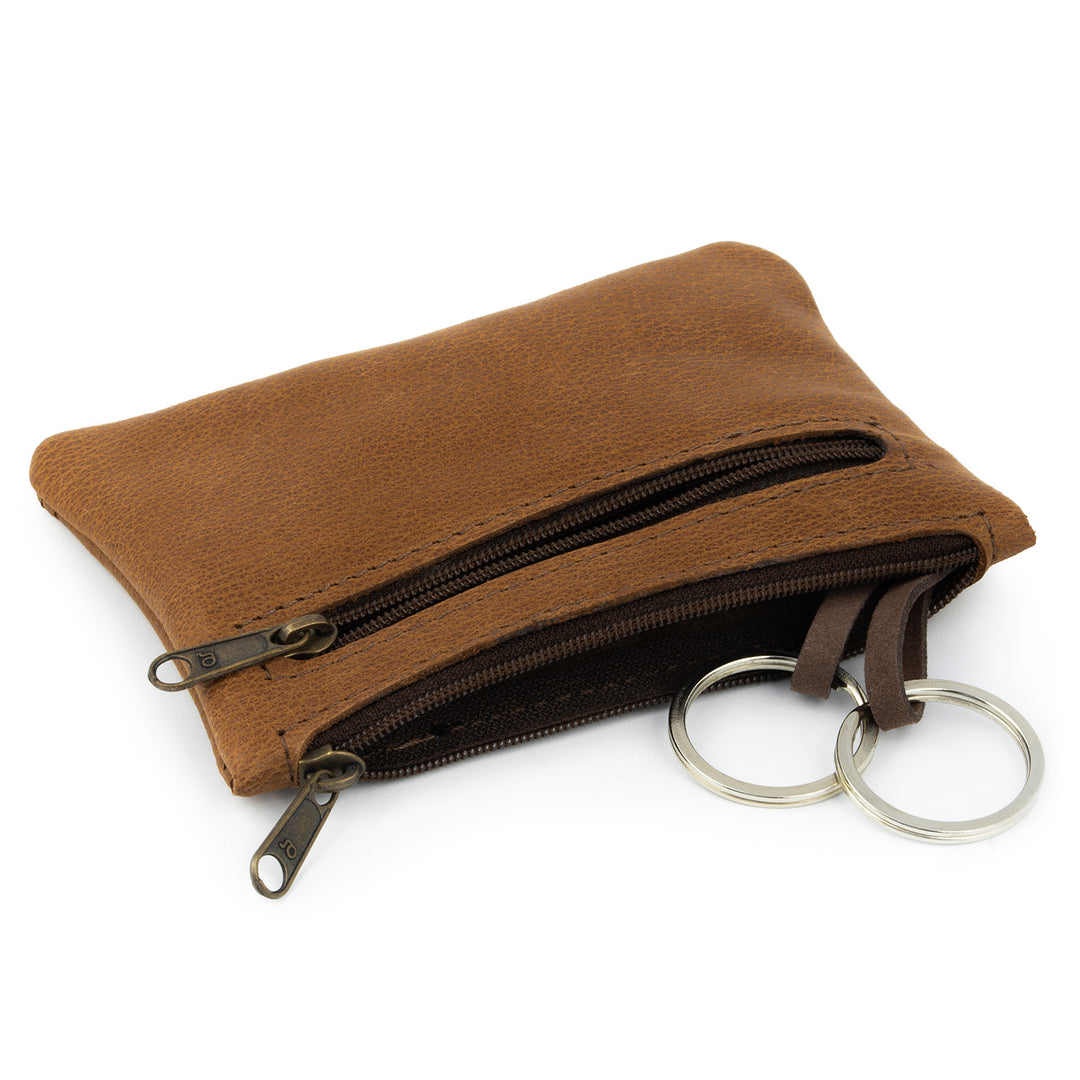Hellbraune Schlüsseltasche aus Leder mit 2 Schlüsselringen und Seitenfach mit Reißverschluss #color_hellbraun