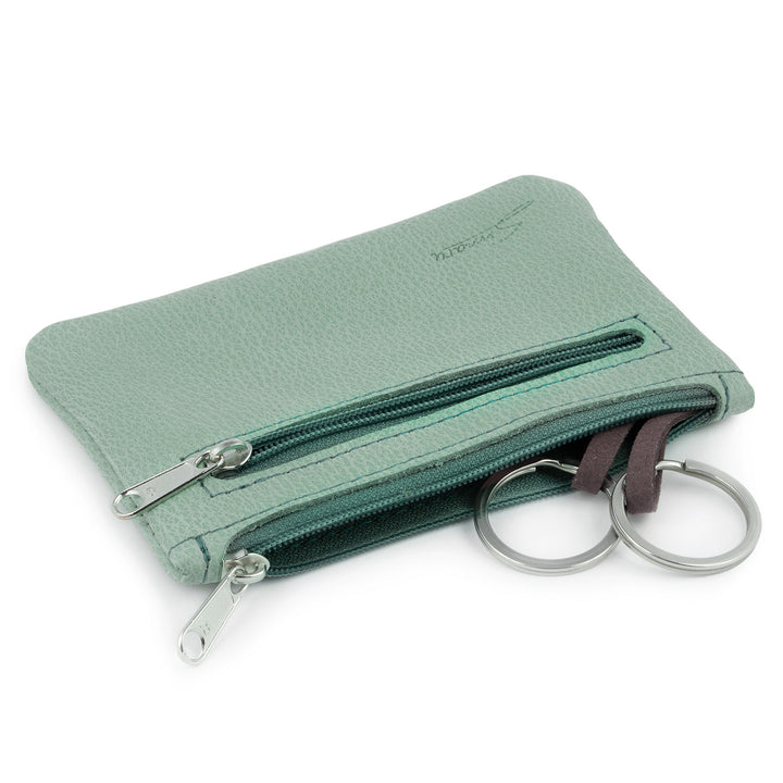Minzgrüne Schlüsseltasche aus Leder mit 2 Schlüsselringen und Seitenfach mit Reißverschluss #color_geyser