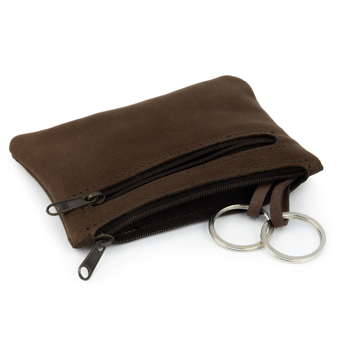 Dunkelbraune Schlüsseltasche aus Leder mit 2 Schlüsselringen und Seitenfach mit Reißverschluss #color_braun