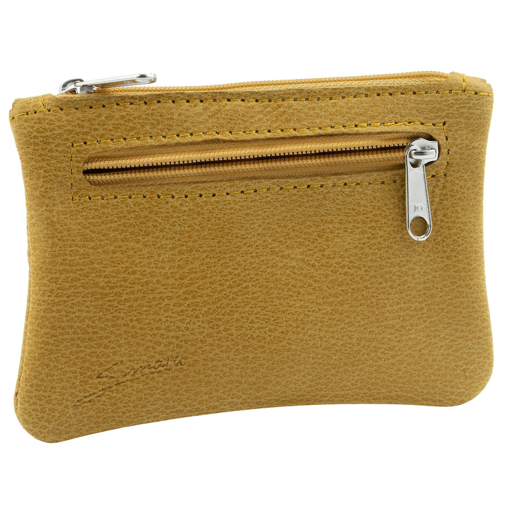 Seitenansicht ocker farbene Schlüsseltasche aus Leder mit Reißverschluss und extra Reißverschlussfach an der Seite #color_amber