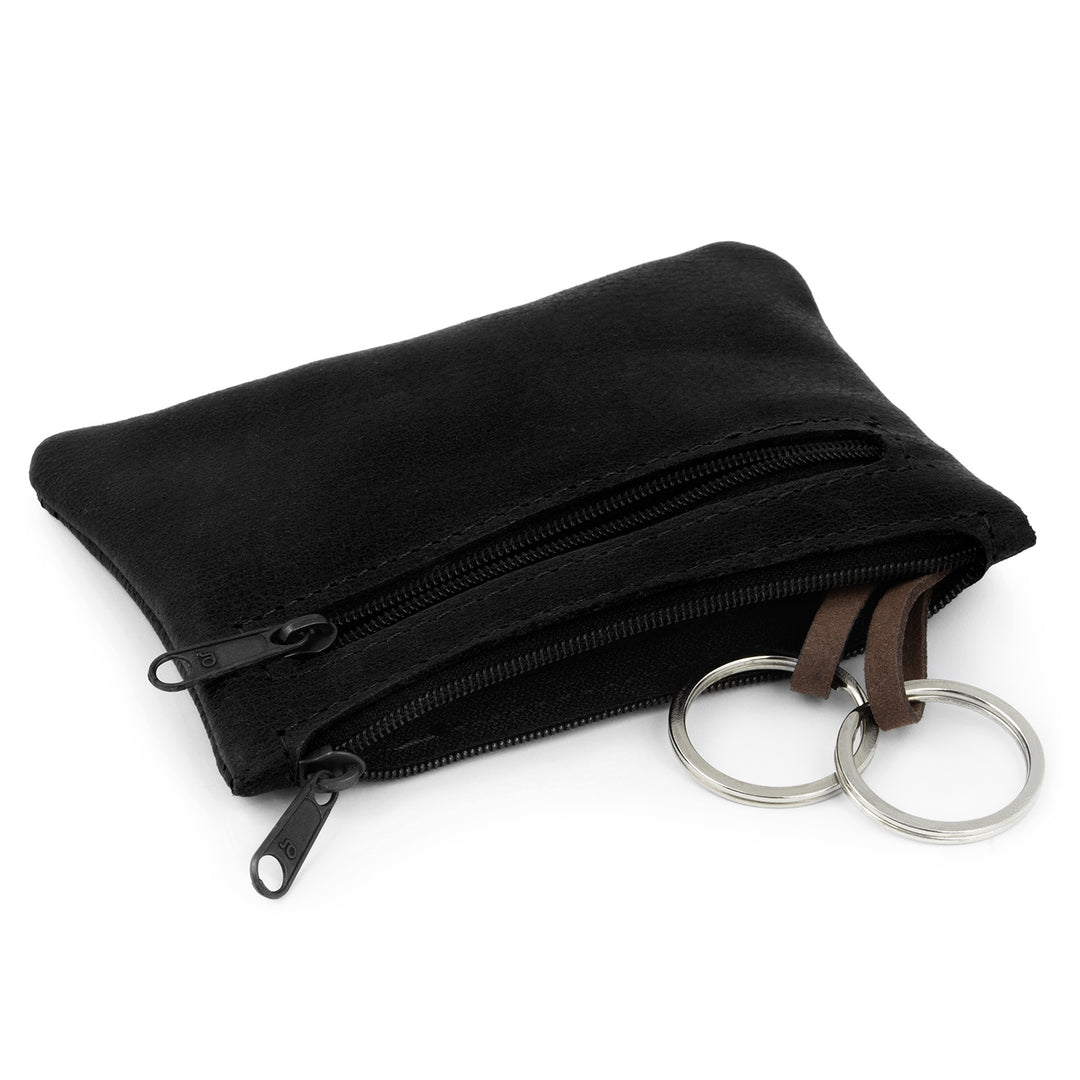 Schwarze Schlüsseltasche aus Leder mit 2 Schlüsselringen und Seitenfach mit Reißverschluss #color_schwarz