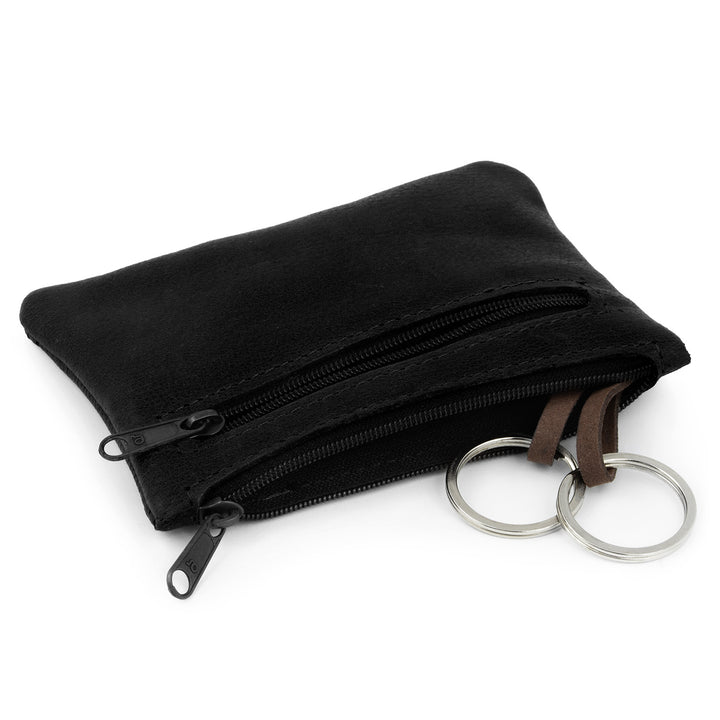 Schwarze Schlüsseltasche aus Leder mit 2 Schlüsselringen und Seitenfach mit Reißverschluss #color_schwarz