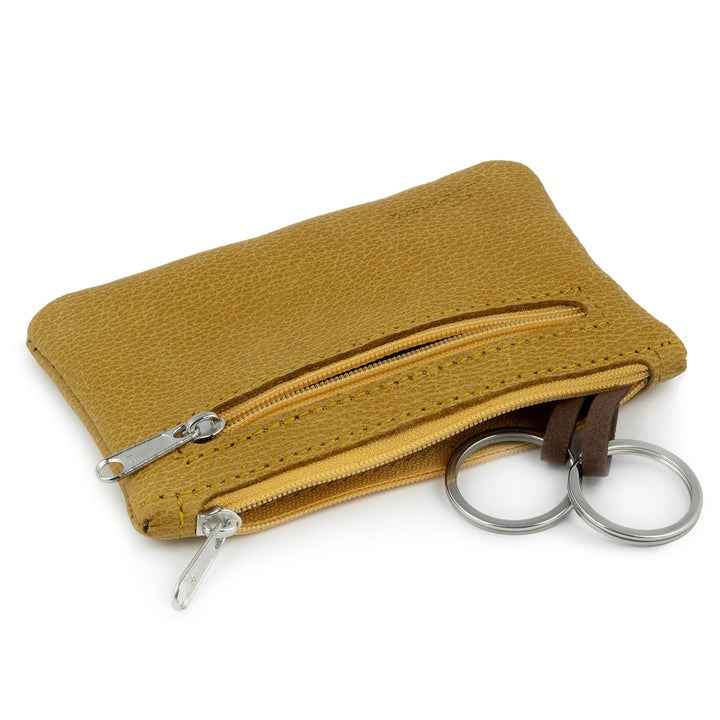 Ocker farbene Schlüsseltasche aus Leder mit 2 Schlüsselringen und Seitenfach mit Reißverschluss #color_amber