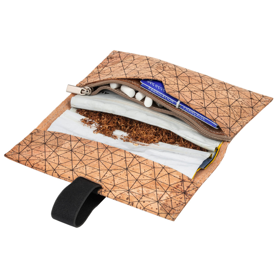 Offene Tabaktasche aus hellem Kork mit Fächern für Tabak, Filter und Paper #color_metrisch