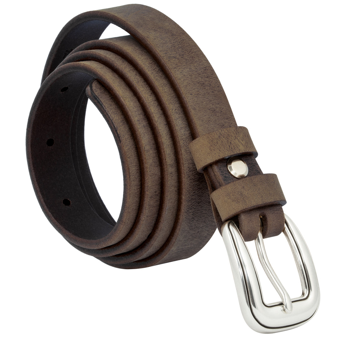 Aufgerollter, brauner Ledergürtel im Used-Look mit silberner Schnalle #color_braun-used