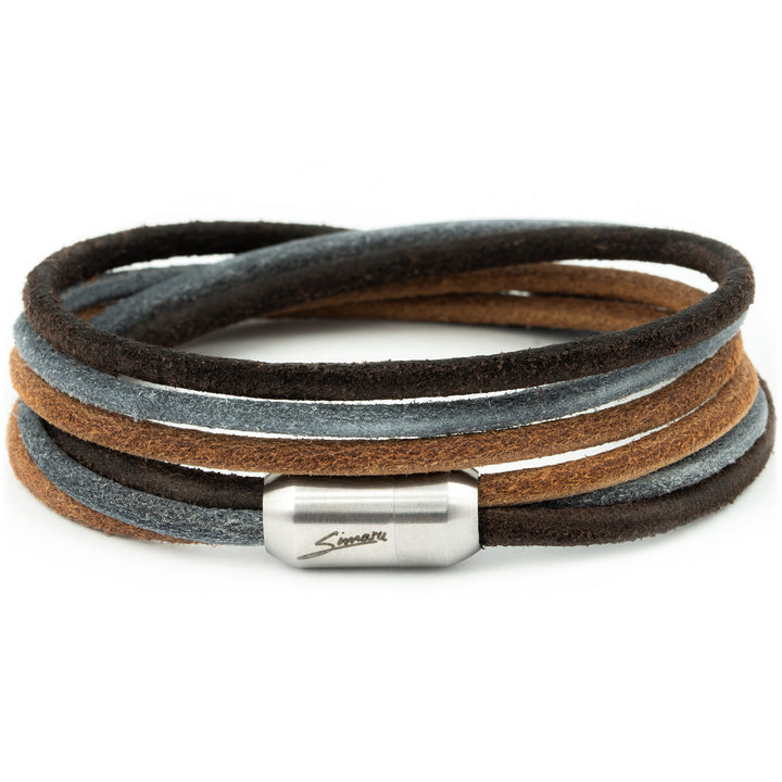 Dreifarbiges Wickelarmband aus echtem Leder mit Magnetverschluss in silber