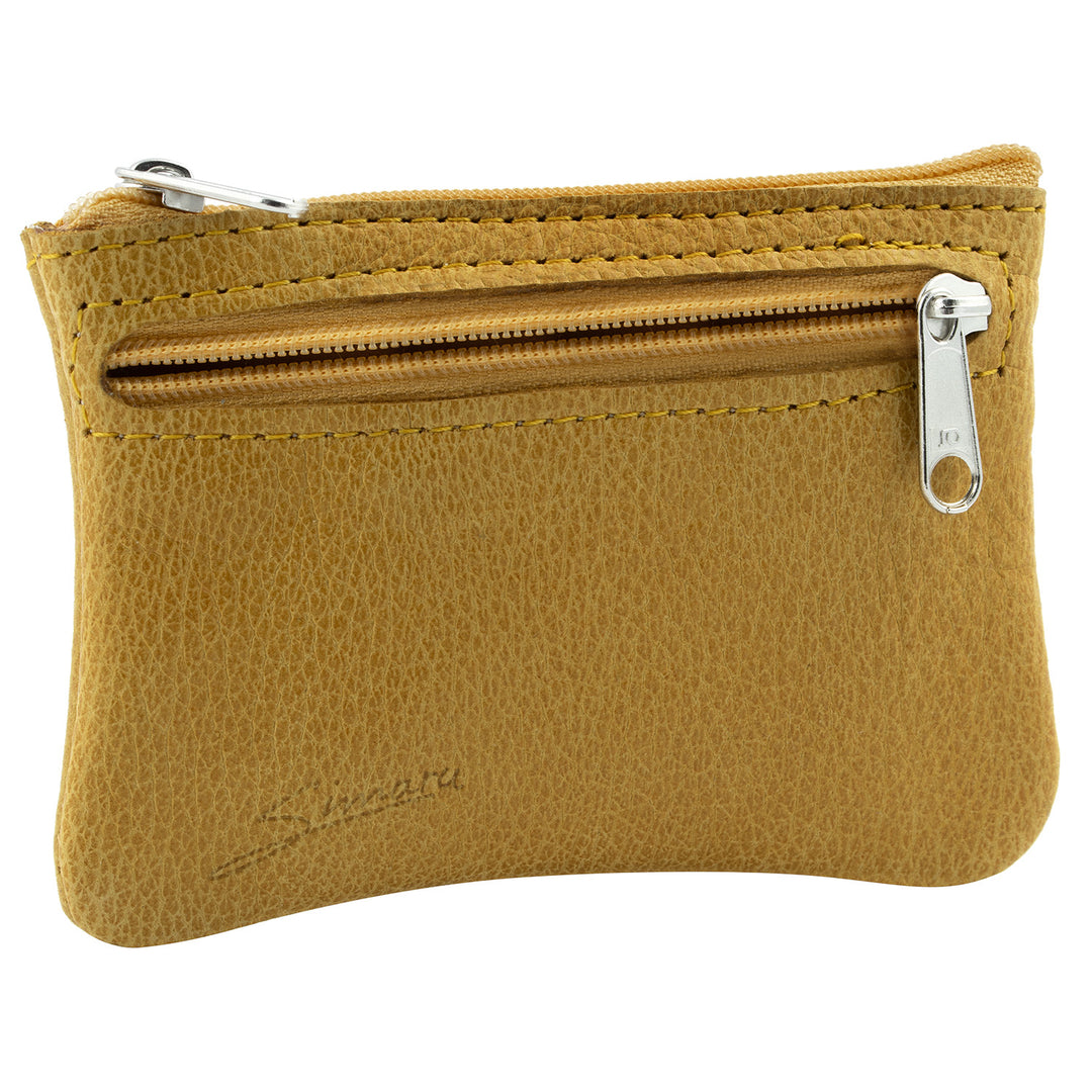 Seitenansicht ocker farbene Schlüsseltasche aus Leder mit Reißverschluss und extra Reißverschlussfach an der Seite #color_amber