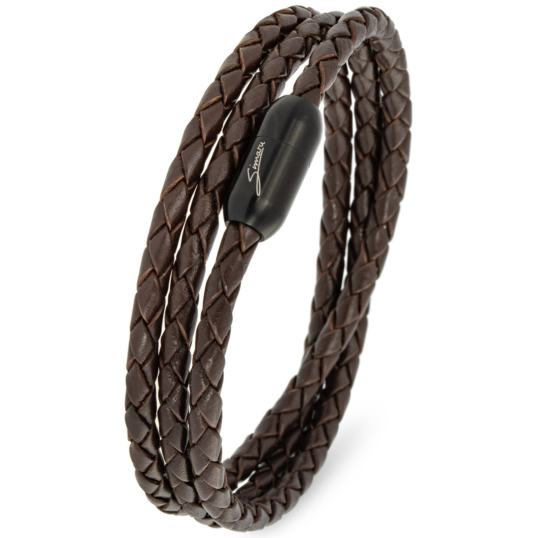 Schmales geflochtenes Armband aus braunem Leder mit schwarzem Magnetverschluss #color_braun