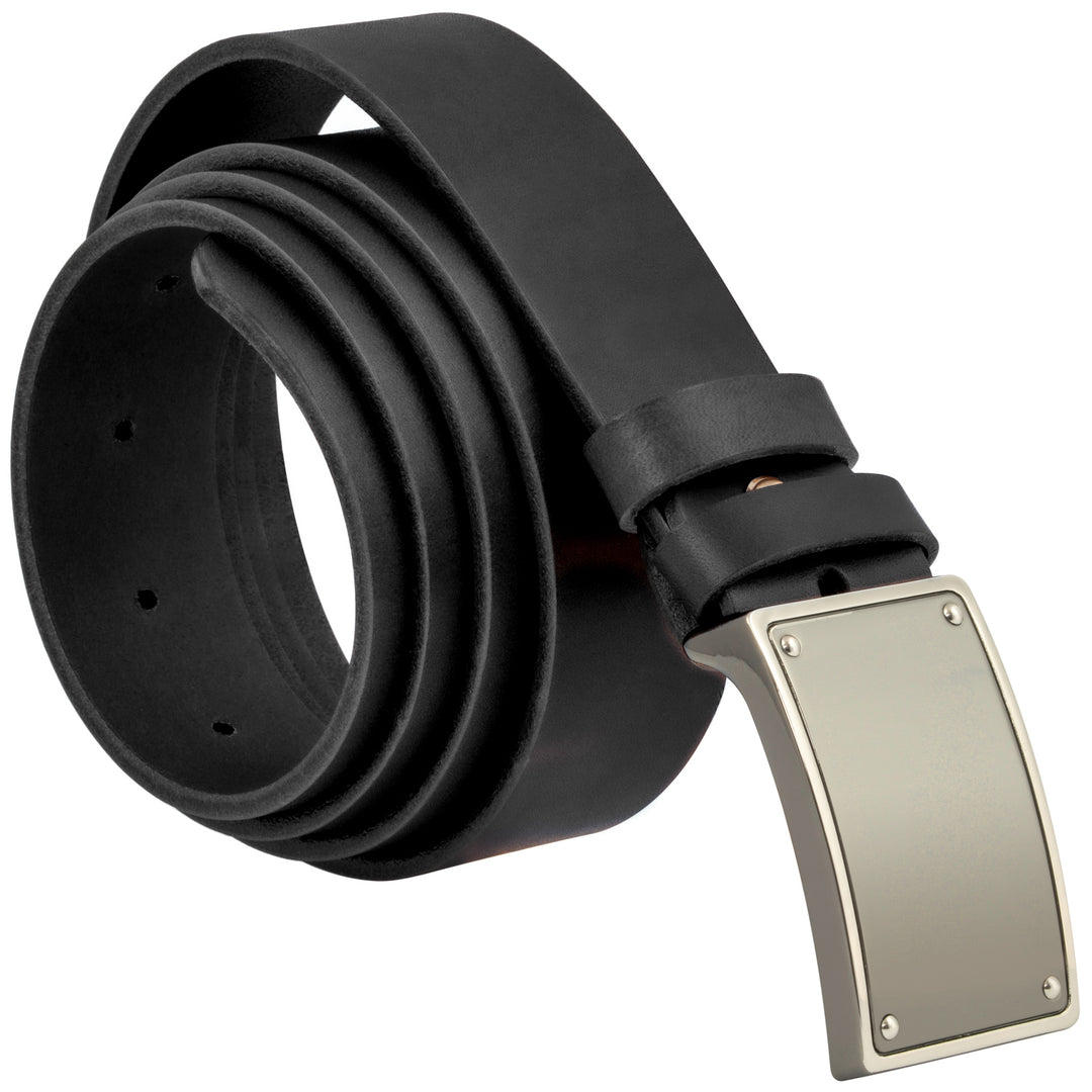 Aufgerollter, schwarzer Ledergürtel mit massiver Silberschnalle #color_schwarz