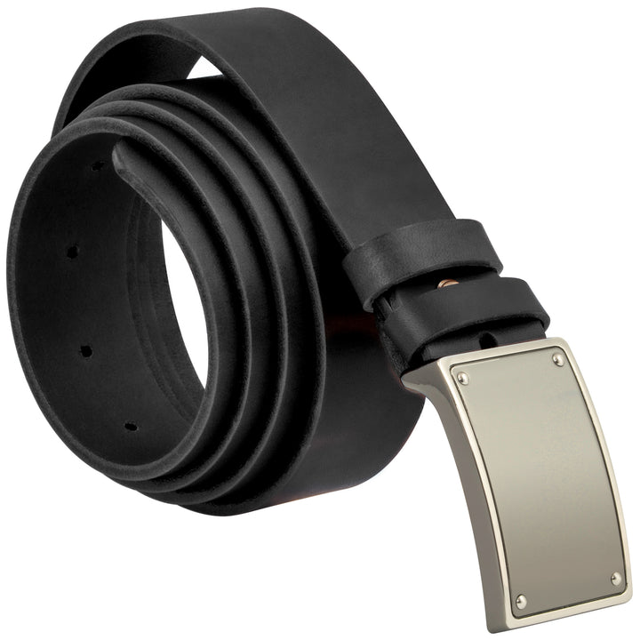Aufgerollter, schwarzer Ledergürtel mit massiver Silberschnalle #color_schwarz