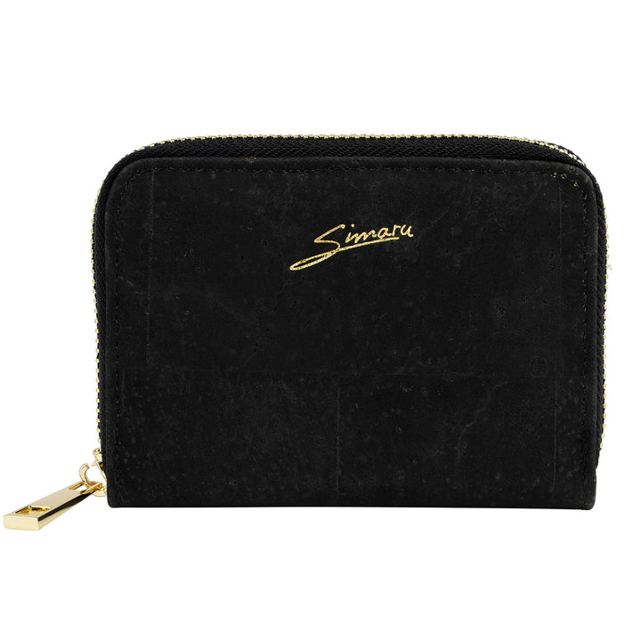 Seitenansicht schwarze Geldbörse aus Kork mit Rundumreißverschluss und goldener Simaru-Prägung #color_schwarz