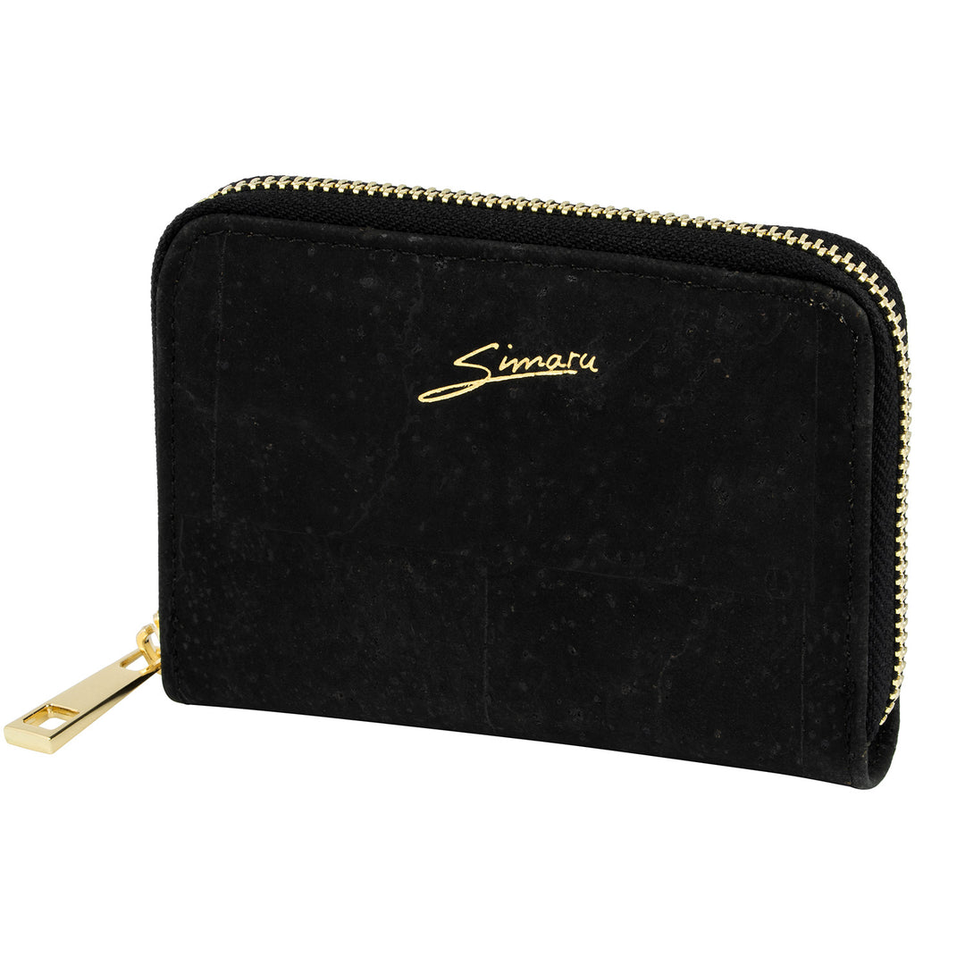 Seitenansicht schwarze Geldbörse aus Kork mit Rundumreißverschluss und goldener Simaru-Prägung #color_schwarz