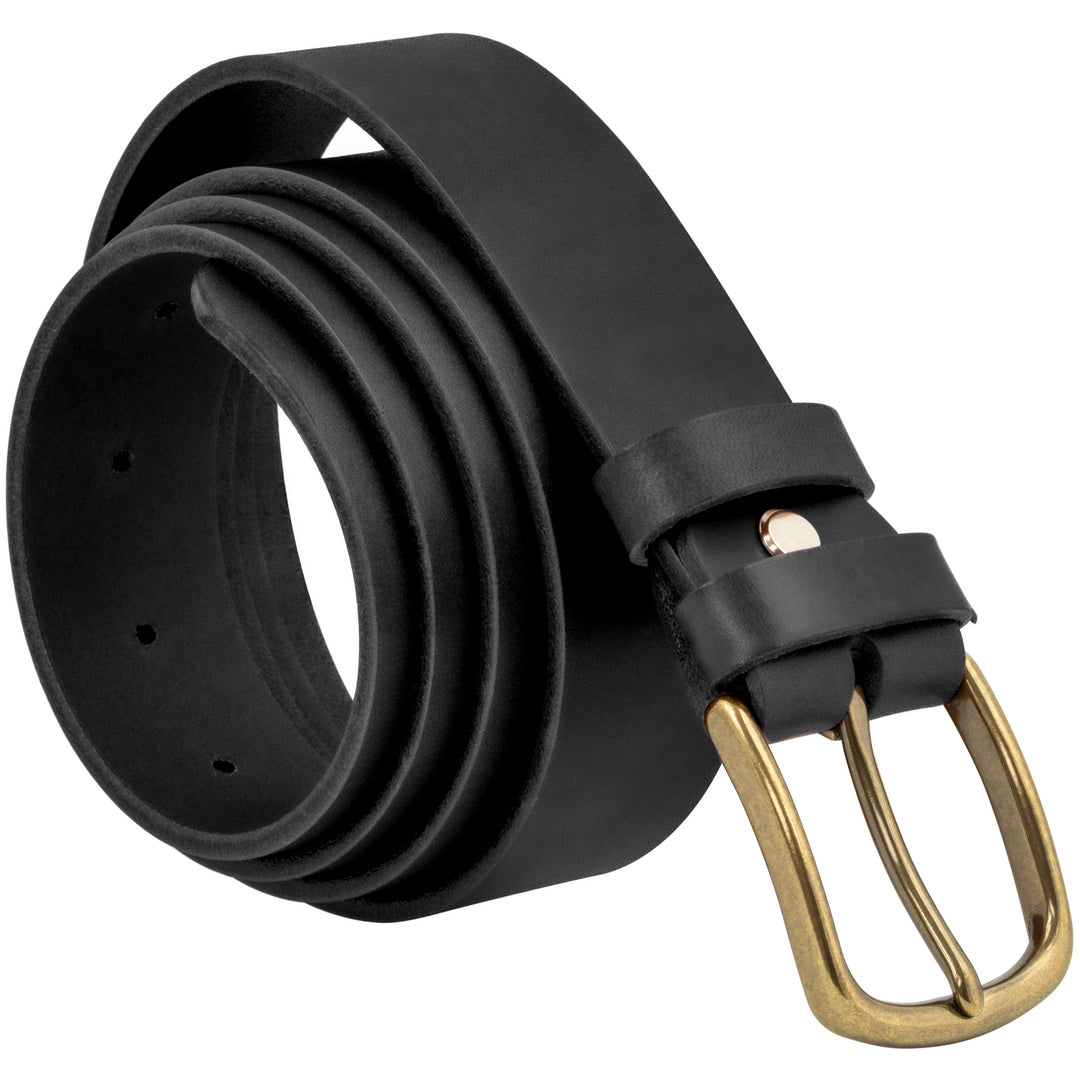 Aufgerollter, schwarzer Ledergürtel mit breiter Goldschnalle  #color_schwarz