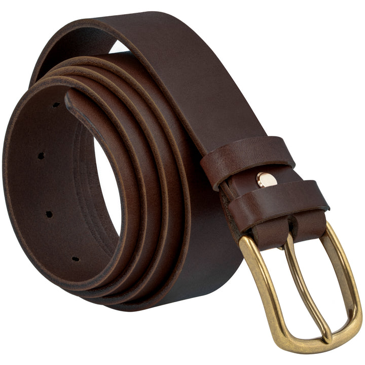 Aufgerollter, brauner Ledergürtel mit breiter Goldschnalle #color_braun