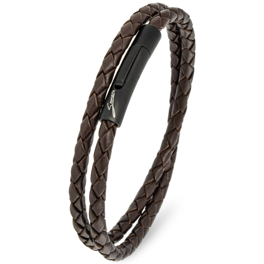 Schmales, geflochtenes Lederarmband in dunkelbraun mit schwarzem Hakenverschluss mit Simaru Logo