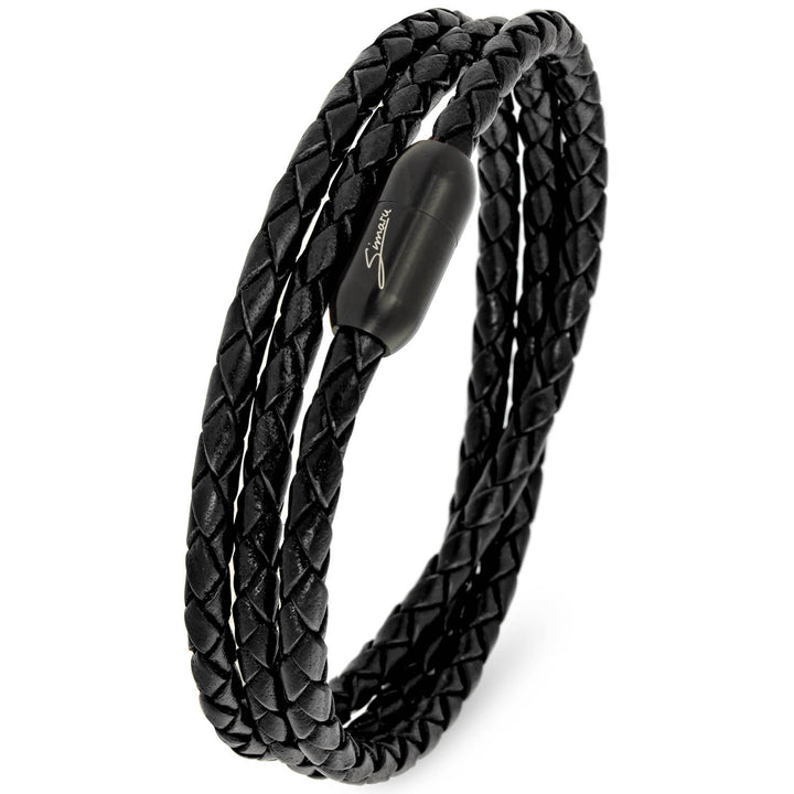 Schmales geflochtenes Armband aus schwarzem Leder mit schwarzem Magnetverschluss #color_schwarz