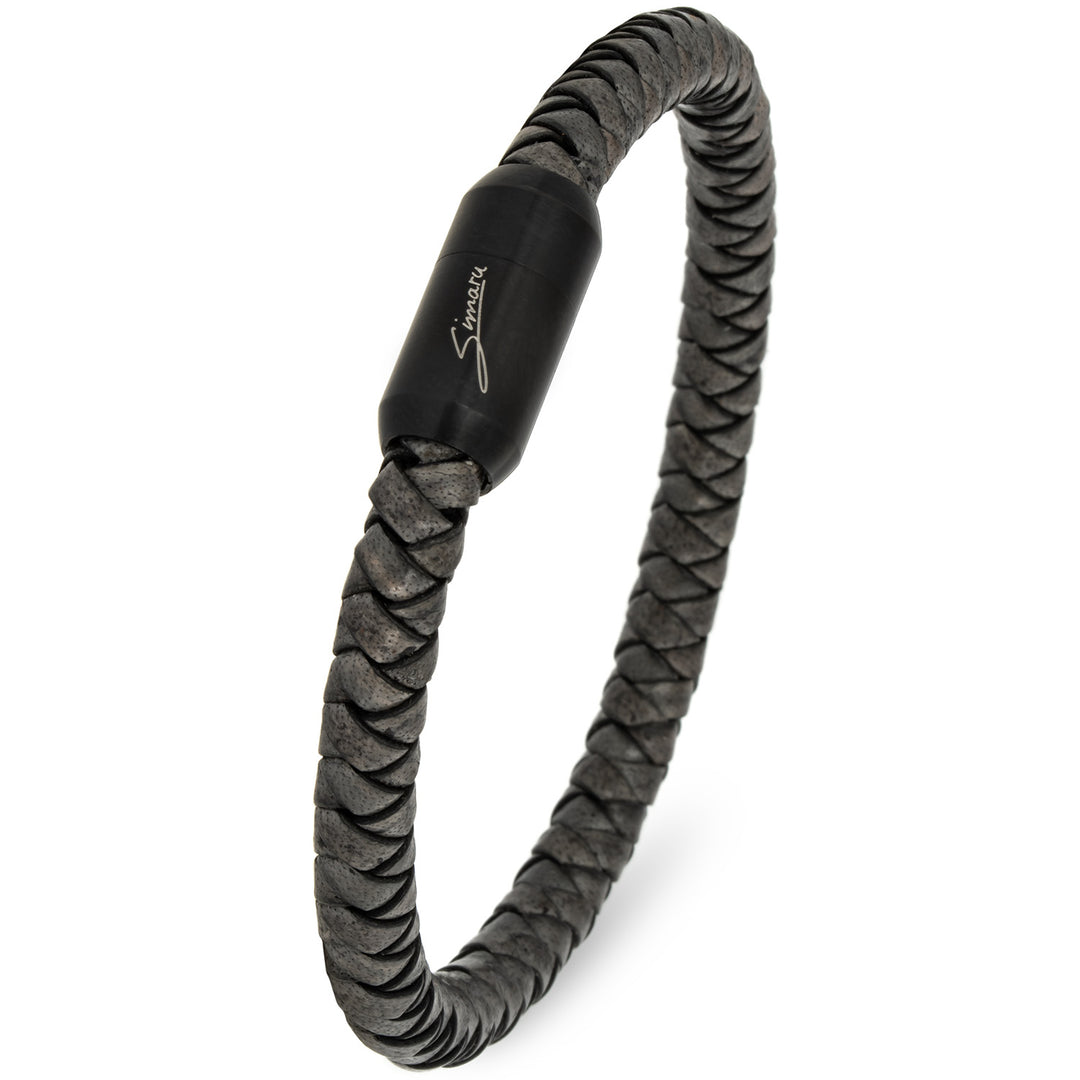Graues, geflochtenes Lederarmband mit schwarzem Magnetverschluss mit Simaru Schriftzug
