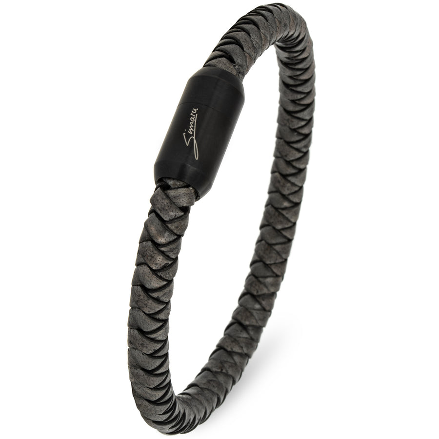 Graues, geflochtenes Lederarmband mit schwarzem Magnetverschluss mit Simaru Schriftzug