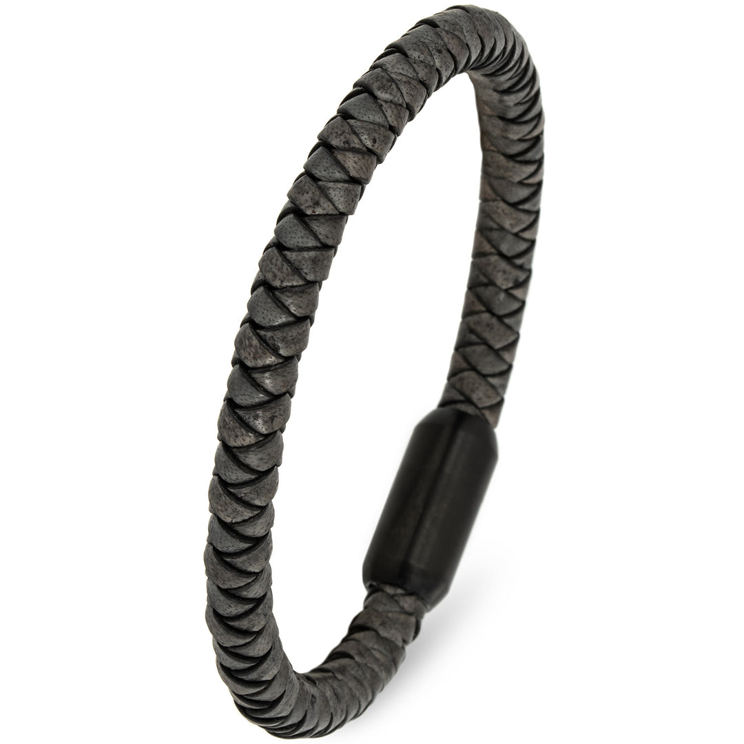 Graues, geflochtenes Lederarmband mit schwarzem Magnetverschluss