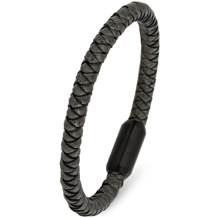 Graues, geflochtenes Lederarmband mit schwarzem Magnetverschluss