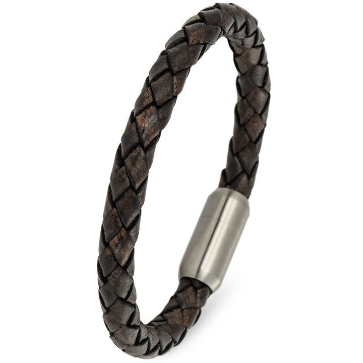 Braunes, geflochtenes Lederarmband mit silbernem Magnetverschluss