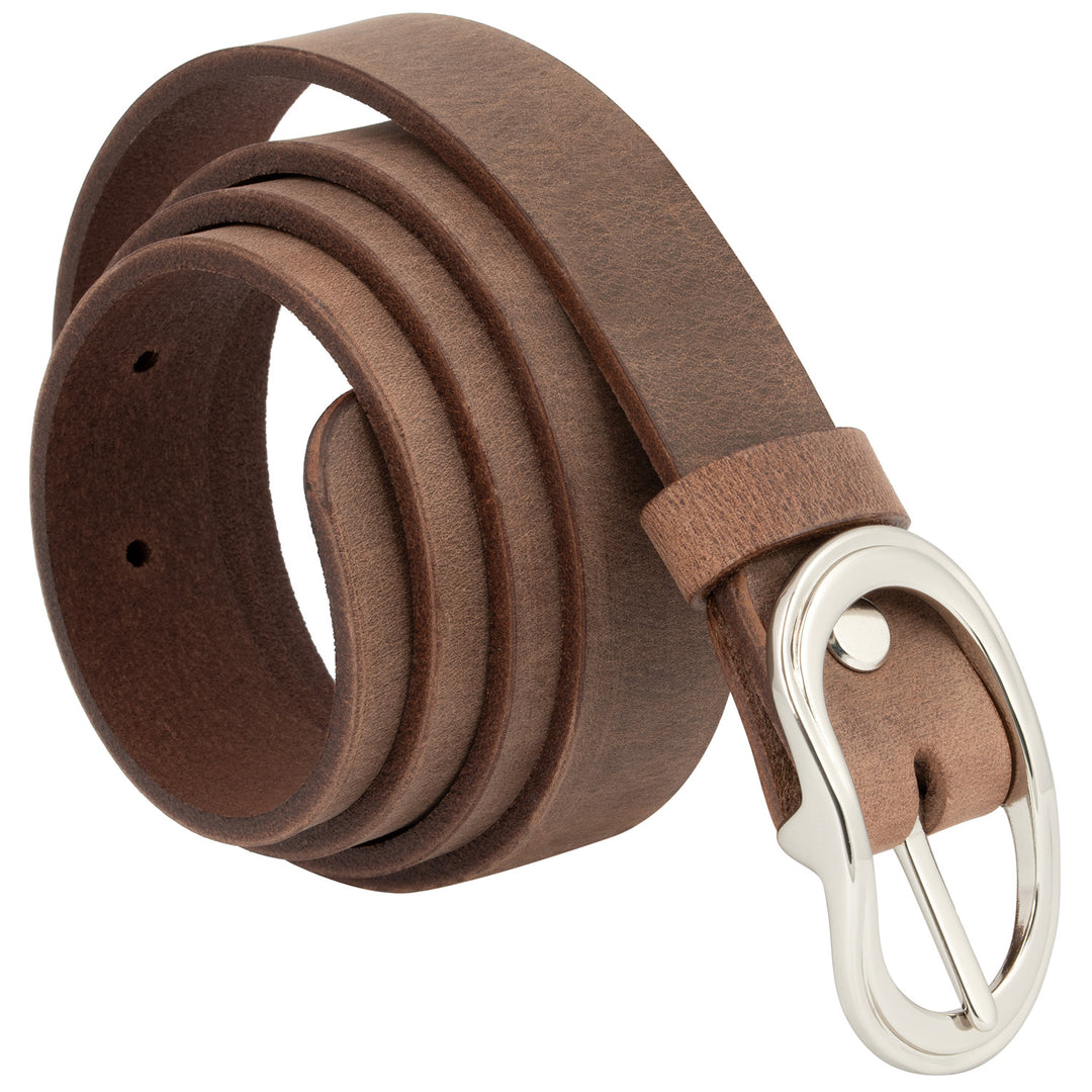 Brauner Ledergürtel aufgerollt mit rundlicher Silberschnalle #color_braun-used