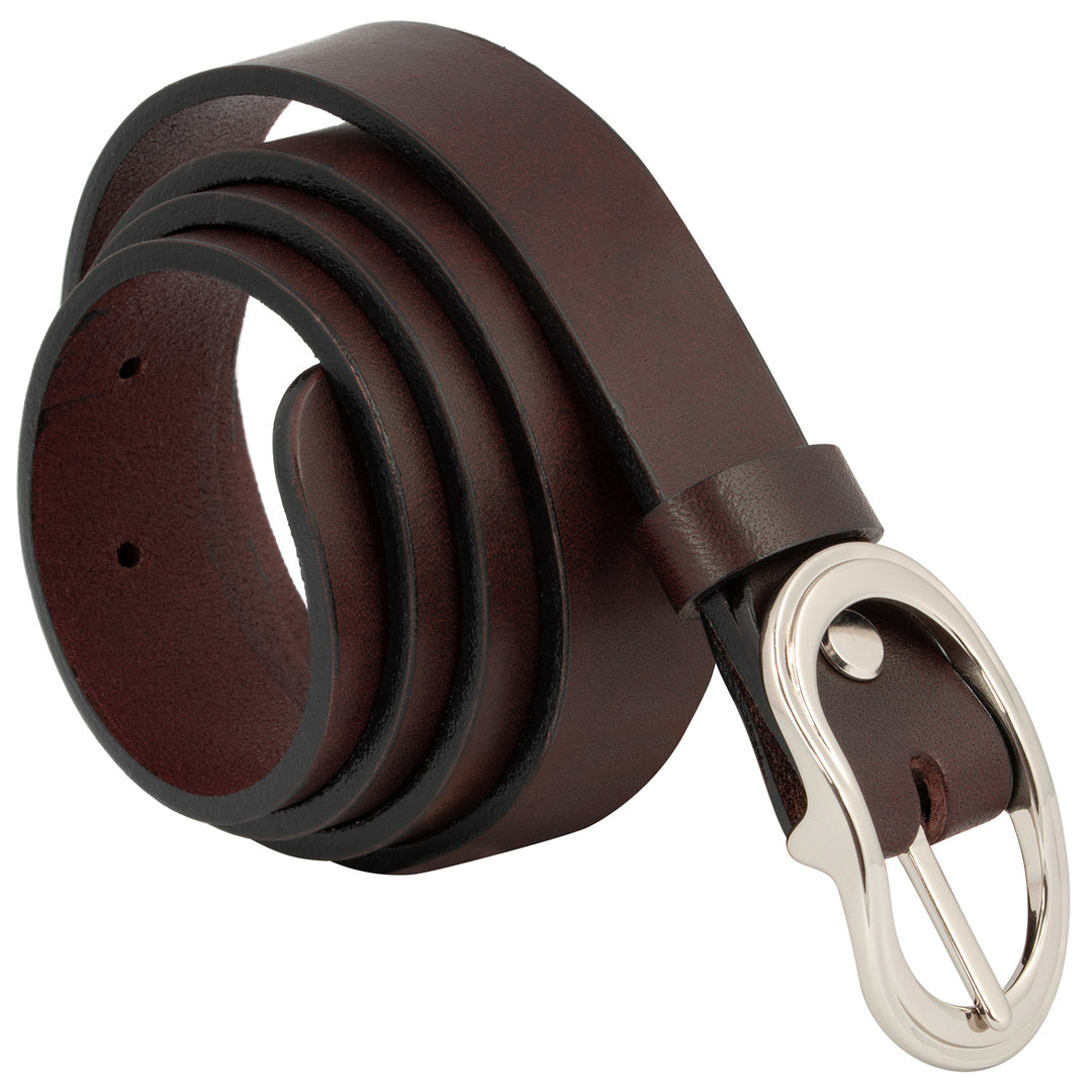 Dunkelbrauner Ledergürtel aufgerollt mit rundlicher Silberschnalle #color_braun