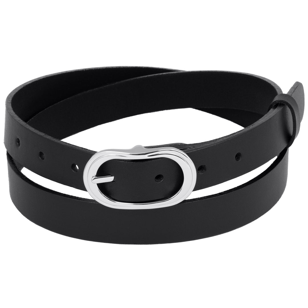 Schmaler Damengürtel aus schwarzem Leder mit rundlicher Silberschnalle #color_schwarz