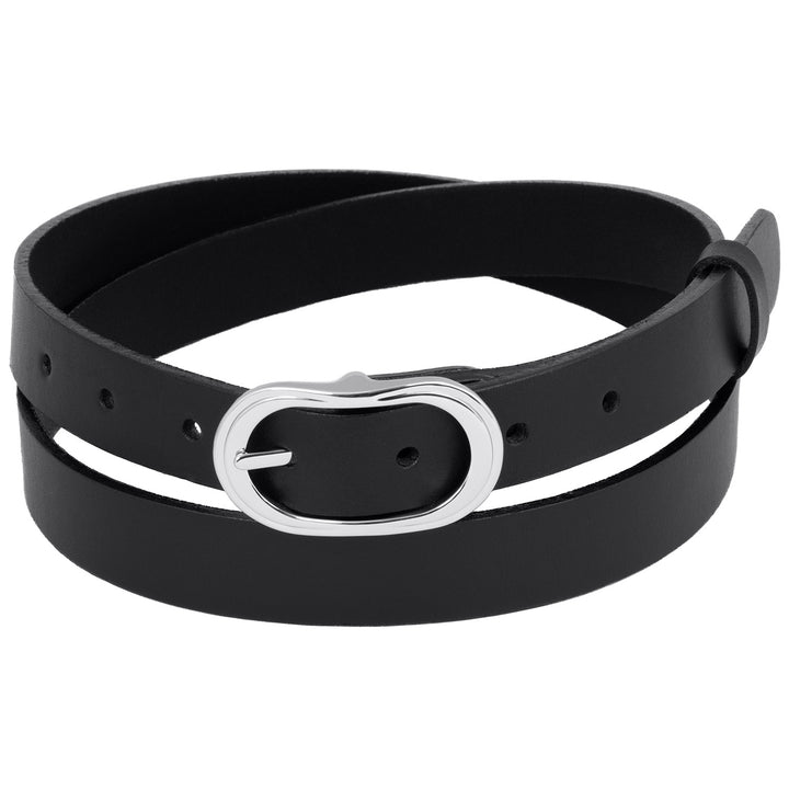 Schmaler Damengürtel aus schwarzem Leder mit rundlicher Silberschnalle #color_schwarz