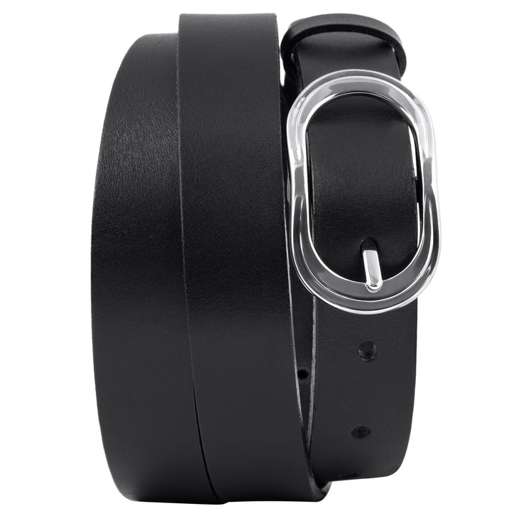 Schwarzer Ledergürtel aufgerollt mit rundlicher Silberschnalle #color_schwarz