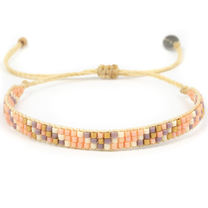 Armband mit 3 Reihen Glasperlen in rose, lila, weiß und gold