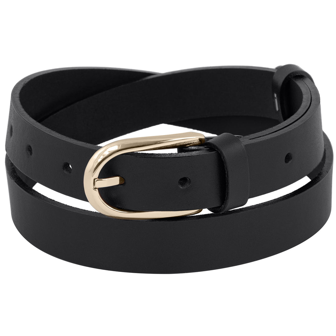 Schmaler Damengürtel aus schwarzem Leder mit eleganter Goldschnalle #color_schwarz