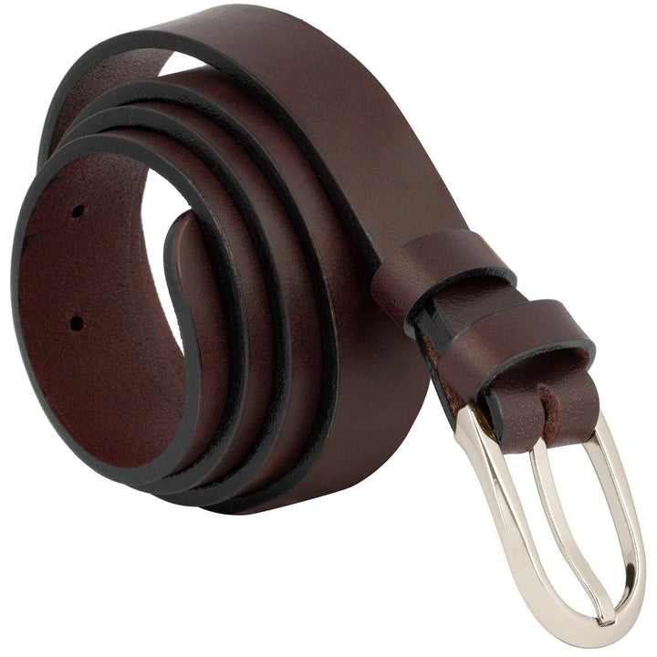 Schmaler, brauner Ledergürtel aufgerollt mit Silberschnalle #color_braun