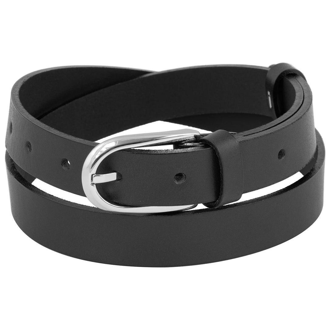 Schmaler, schwarzer Ledergürtel mit Silberschnalle #color_schwarz