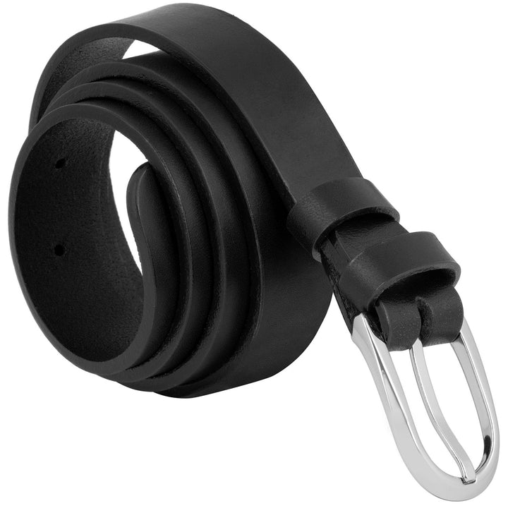 Schmaler, schwarzer Ledergürtel aufgerollt mit Silberschnalle  #color_schwarz