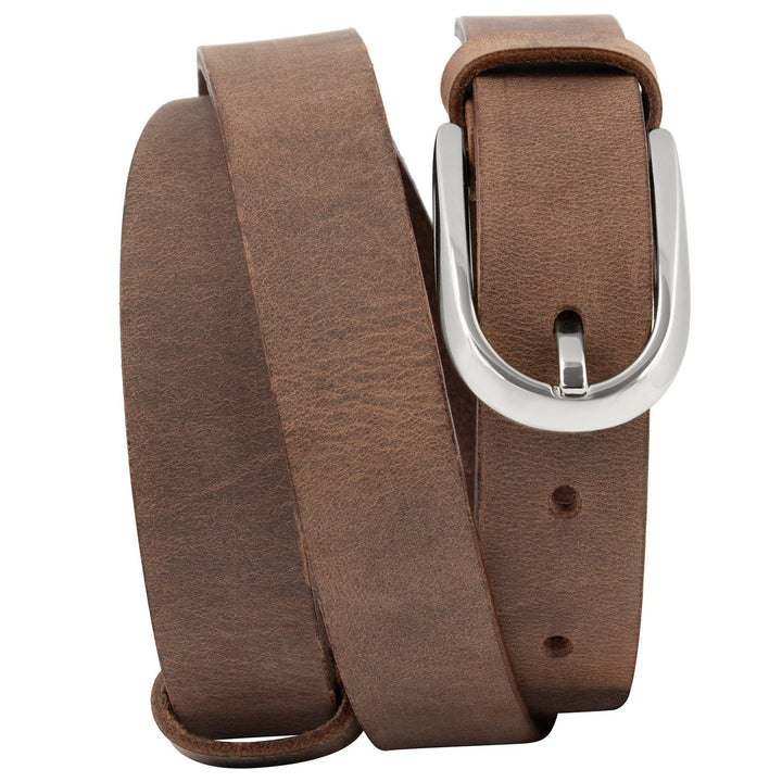 Schmaler, brauner Ledergürtel im Used-Look mit Silberschnalle #color_braun-used