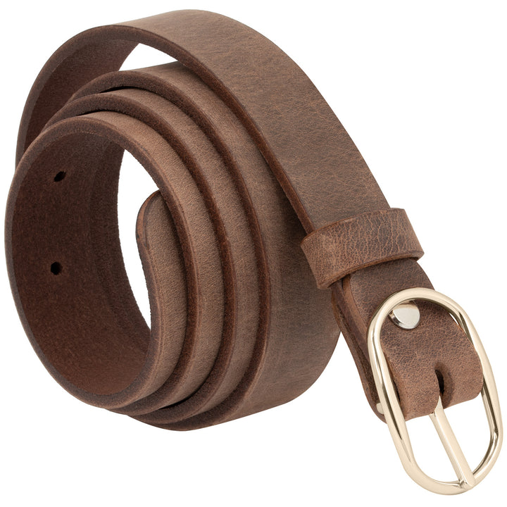 Brauner Ledergürtel aufgerollt mit feiner Goldschnalle #color_braun-used