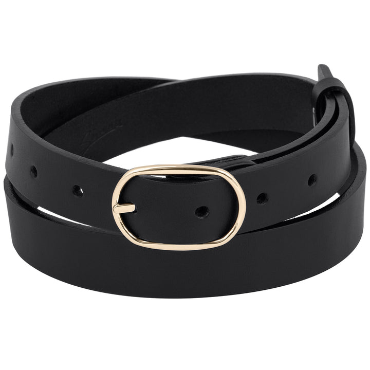 Schmaler Damengürtel aus schwarzem Leder mit feiner Goldschnalle #color_schwarz