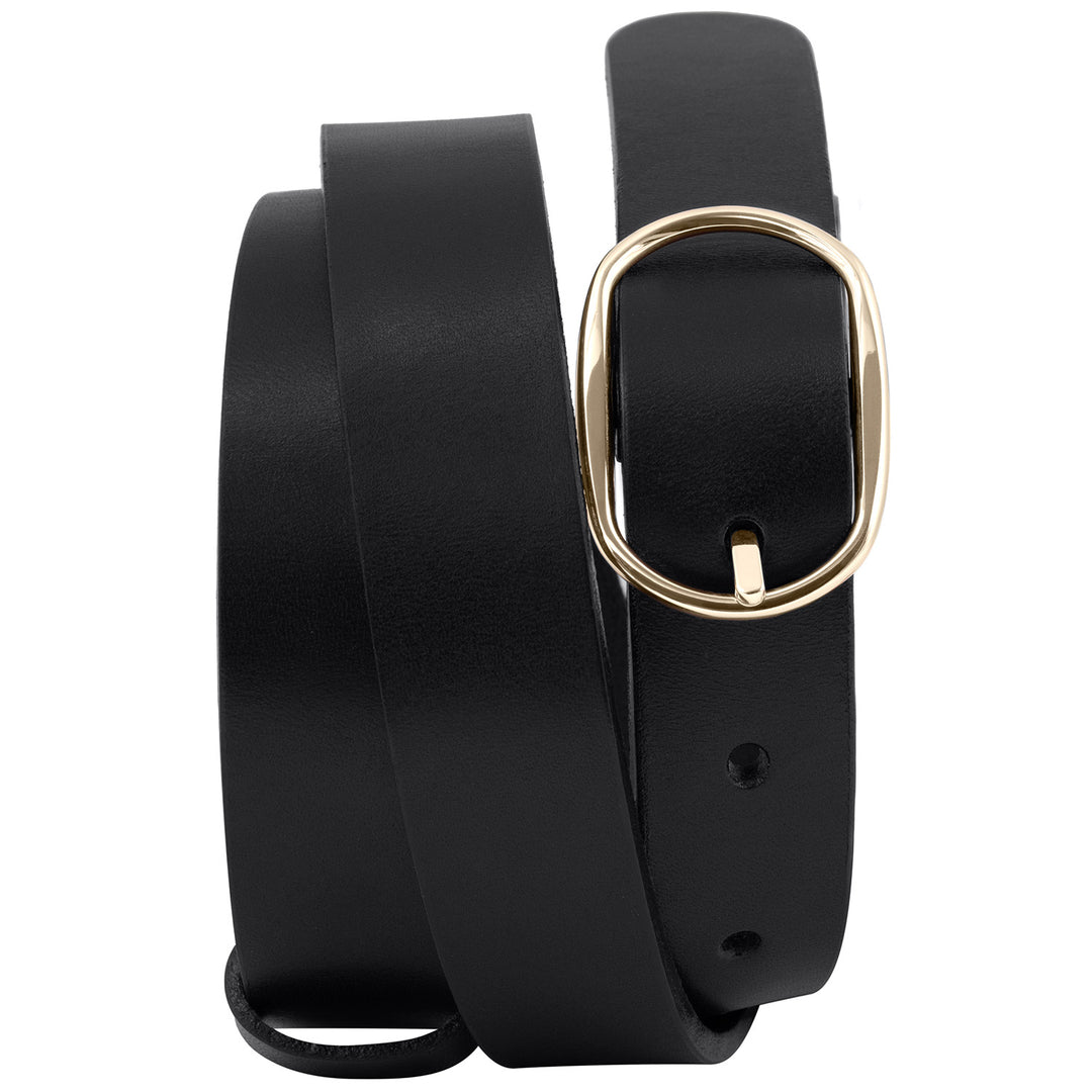Schwarzer Ledergürtel aufgerollt mit feiner Goldschnalle #color_schwarz