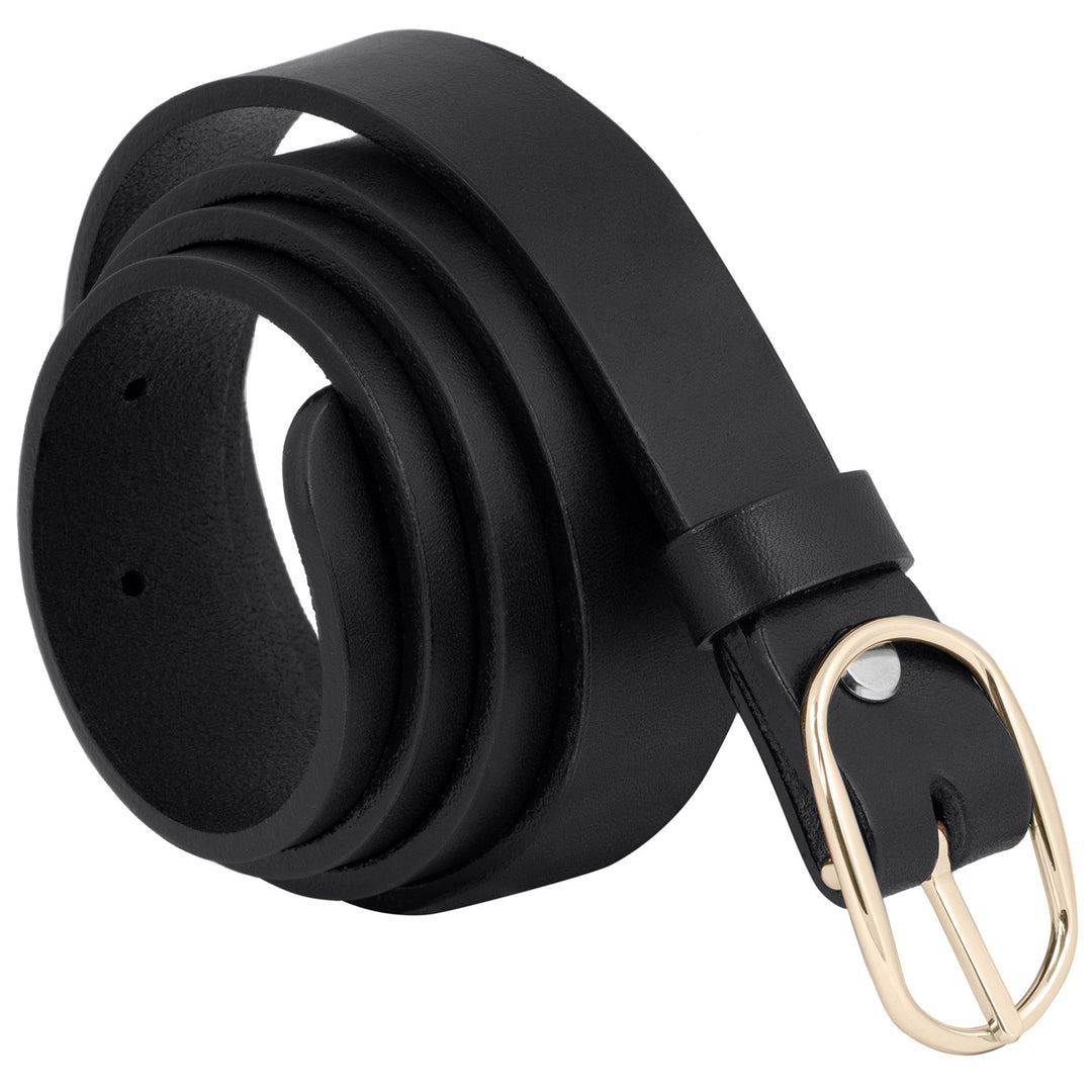 Schwarzer Ledergürtel aufgerollt mit feiner Goldschnalle #color_schwarz