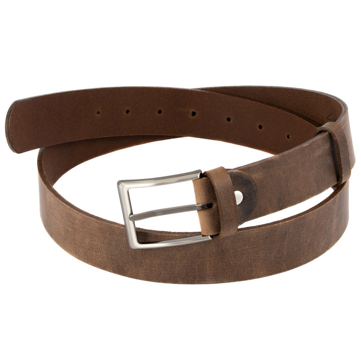 Breiter Herrengürtel aus dunkelbraunem Leder mit eckiger Silberschnalle #color_braun-used
