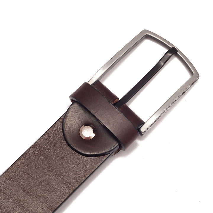 Gürtelende braunes Leder mit glänzender Silberschnalle #color_braun