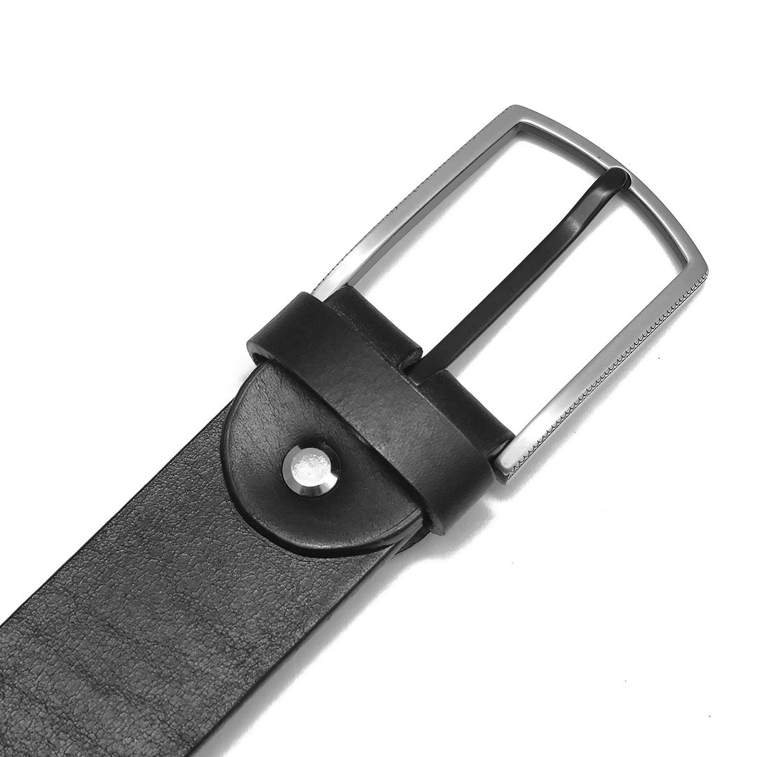 Gürtelende schwarzes Leder mit glänzender Silberschnalle #color_schwarz