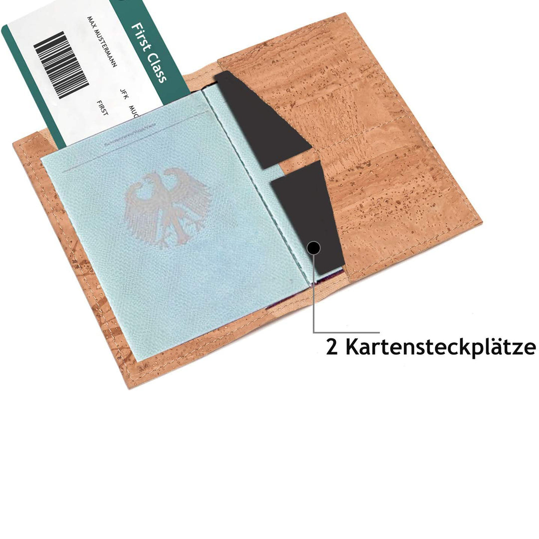 Offene Reisepasshülle aus Kork mit Platz für Reisepass, Flugtickets und Geldkarten #color_kompass